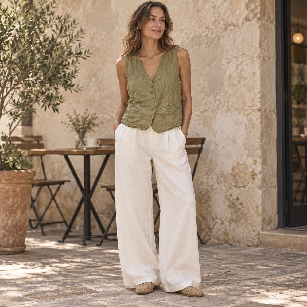 Zara L Olive 100% Linen V Neck Button Waistcoat Vest Coastal Minimalist